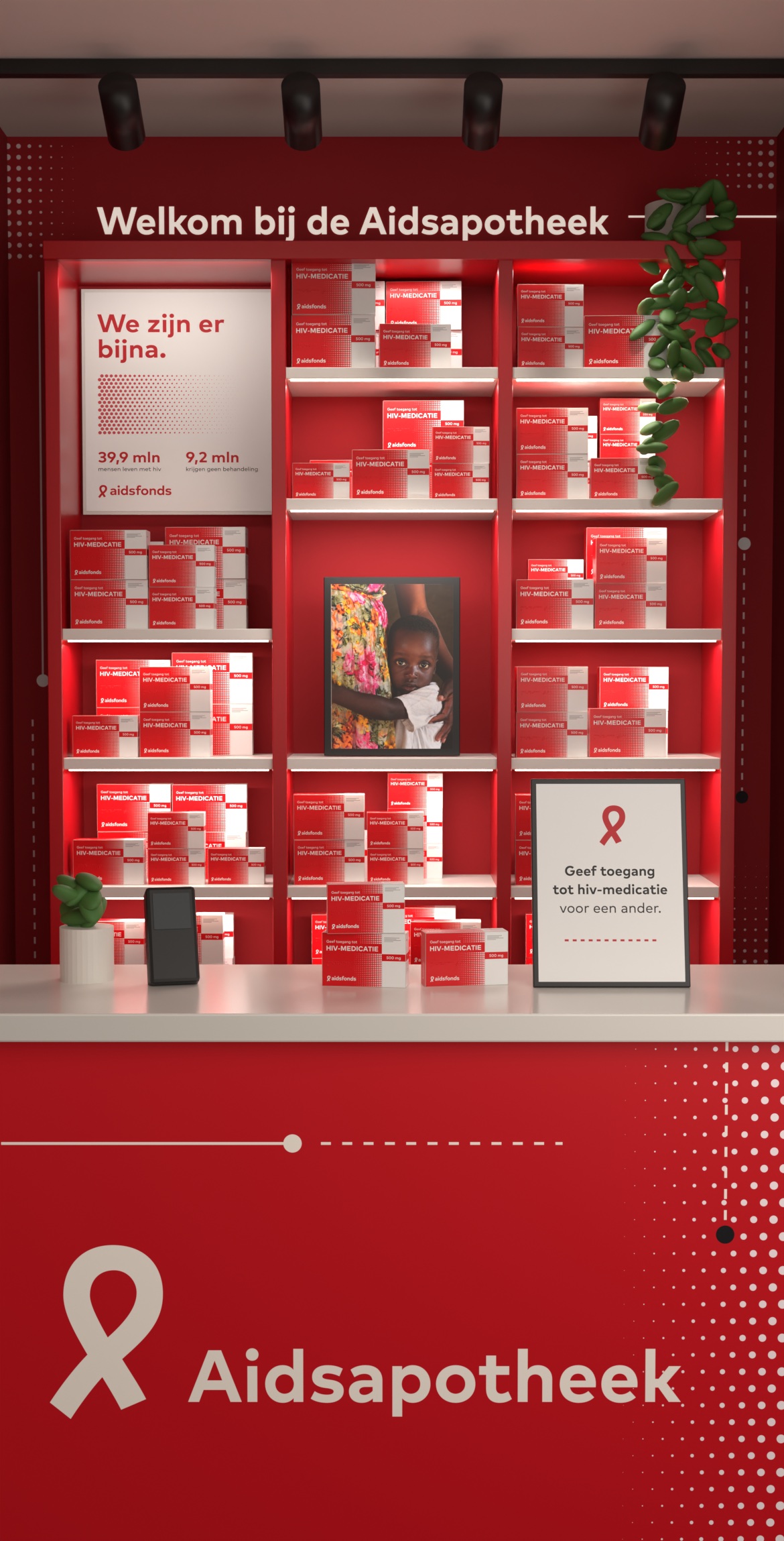 Welkom bij de Aidsapotheek: rode schappenkast vol doosjes hiv-medicatie, een infowand, een fotolijstje en de rode balie